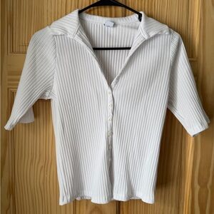 White Ribbed Button-Up Women's Top